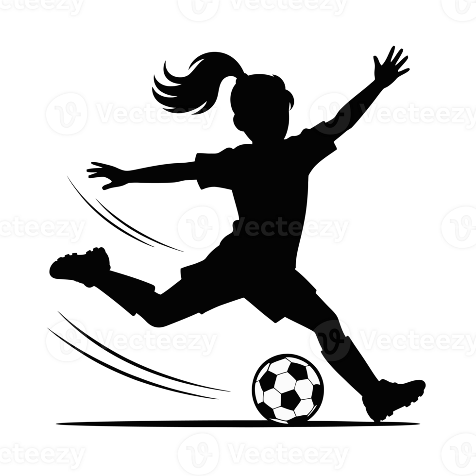 A silhouette of a girl captures the dynamic motion of kicking a soccer ball, with her ponytail flying and arms outstretched cutouts png