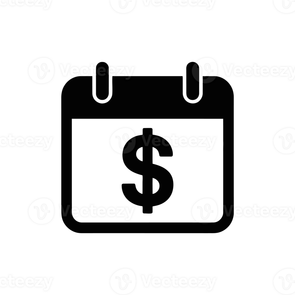 A simple black icon features a calendar with a prominent dollar sign in the center, cutouts png