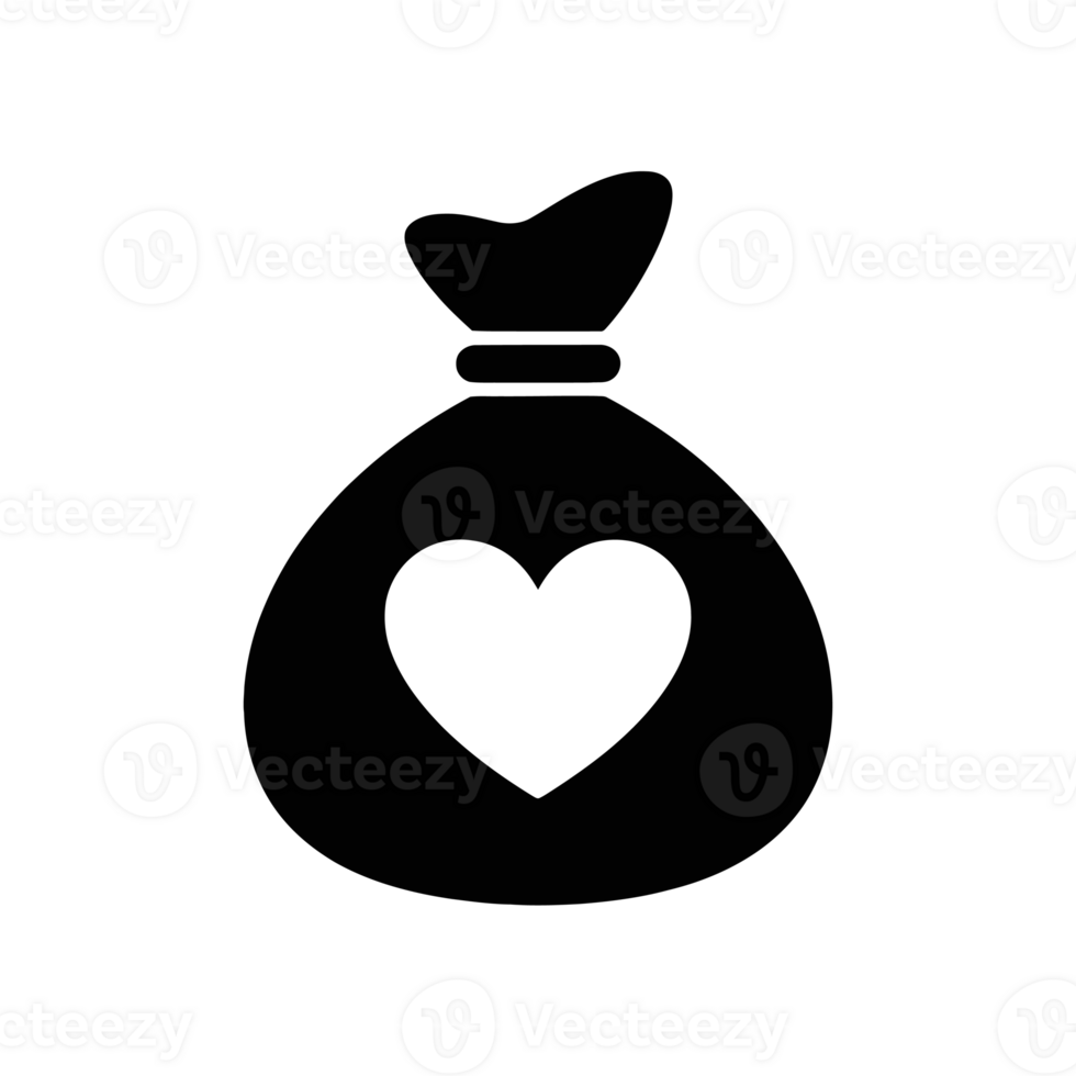 A simplistic black silhouette of a tied bag features a prominent heart shape in the center. cutouts png