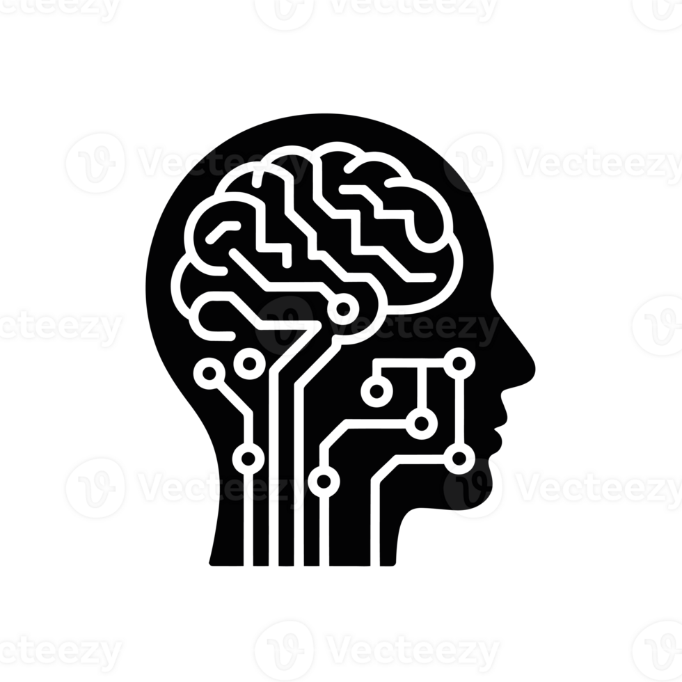 A silhouette of a human head is filled with circuit-like patterns that mimic the structure of a brain cutouts png