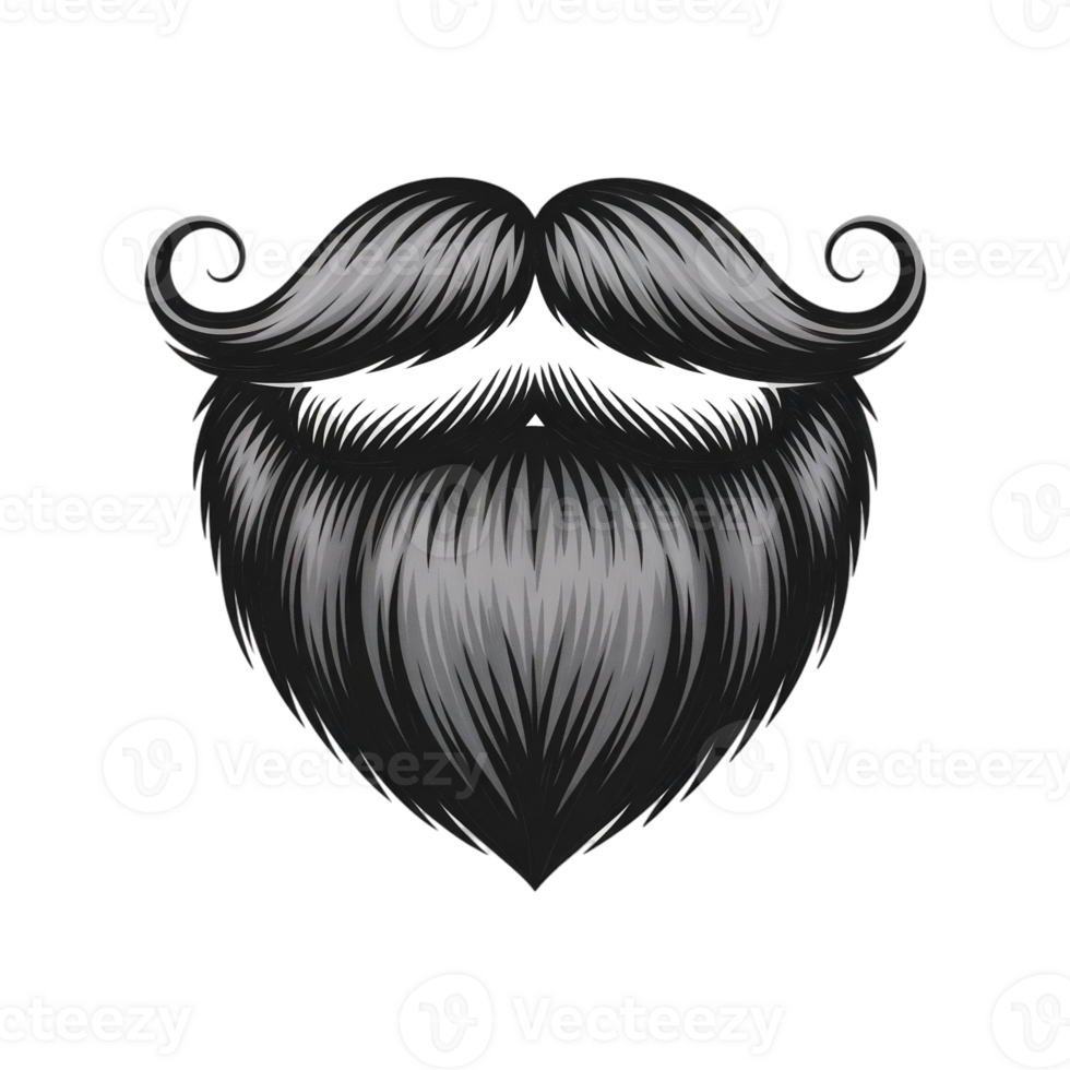 A stylized depiction of a thick, full beard paired with an elegant, curled mustache dominates the image. 'cutouts png