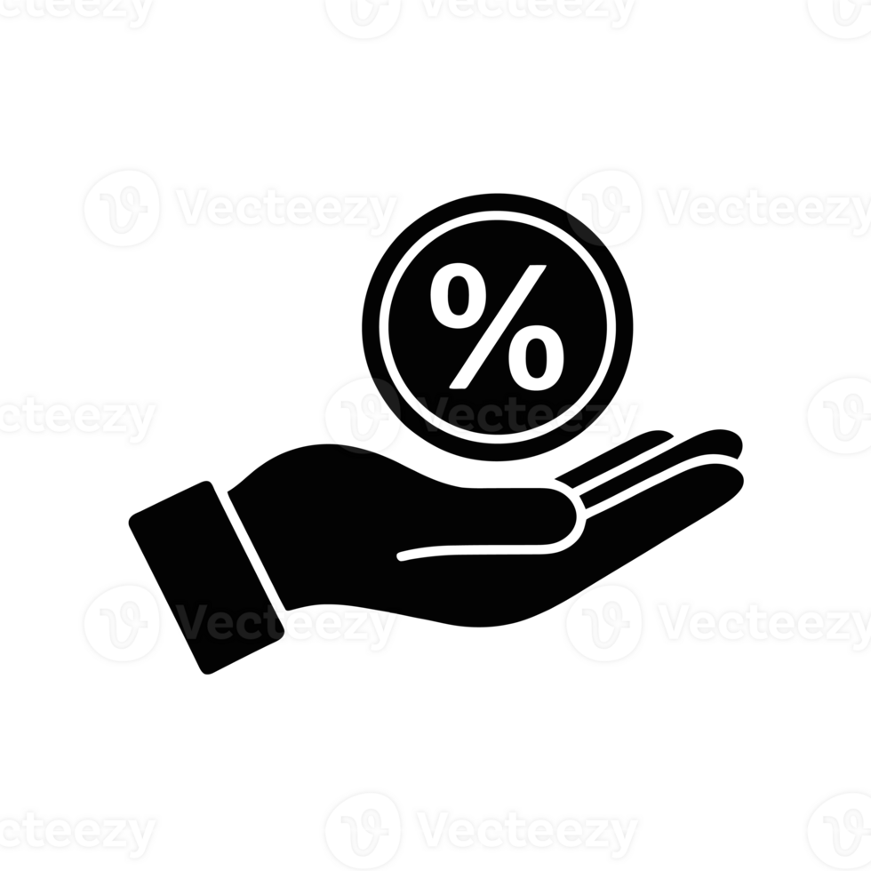 A black silhouette of a hand is extended with a floating circle above it containing a percentage symbol cutouts png