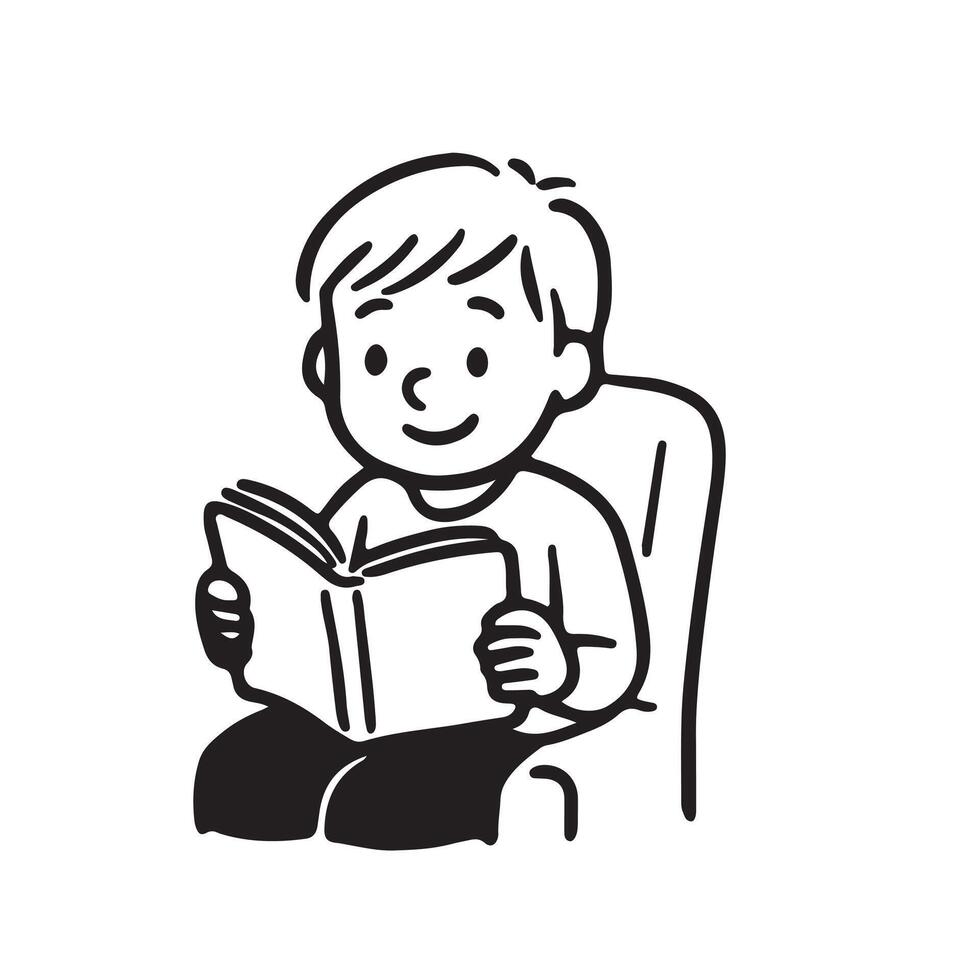 A black and white drawing of a boy reading a book vector