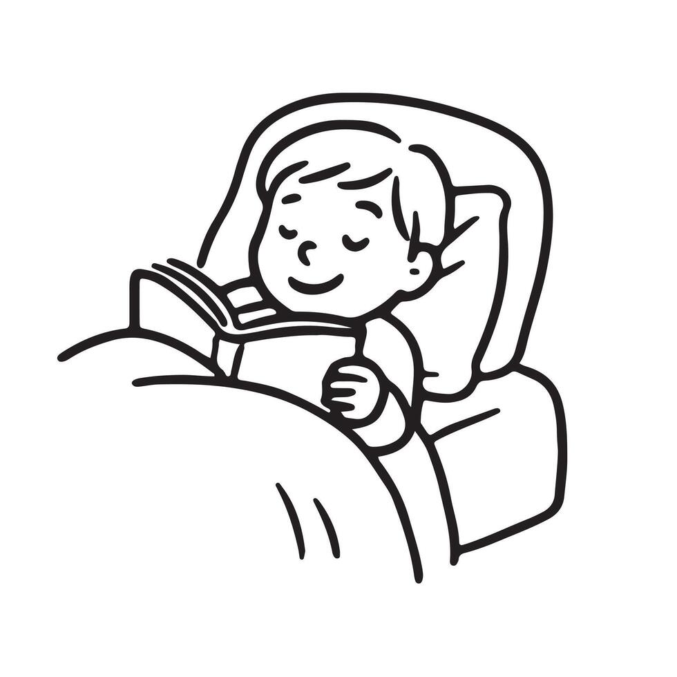 A black and white drawing of a boy reading a book on the bad vector