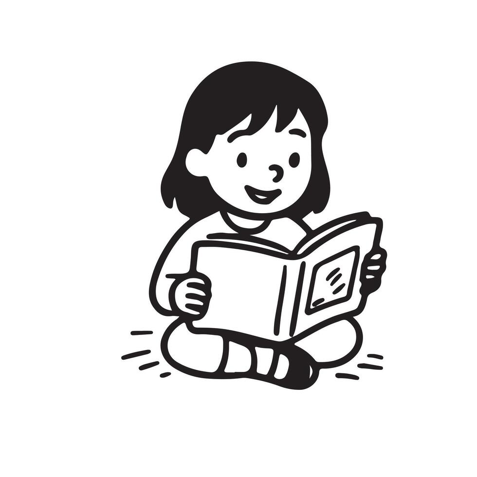 A black and white drawing of a girl reading a book vector