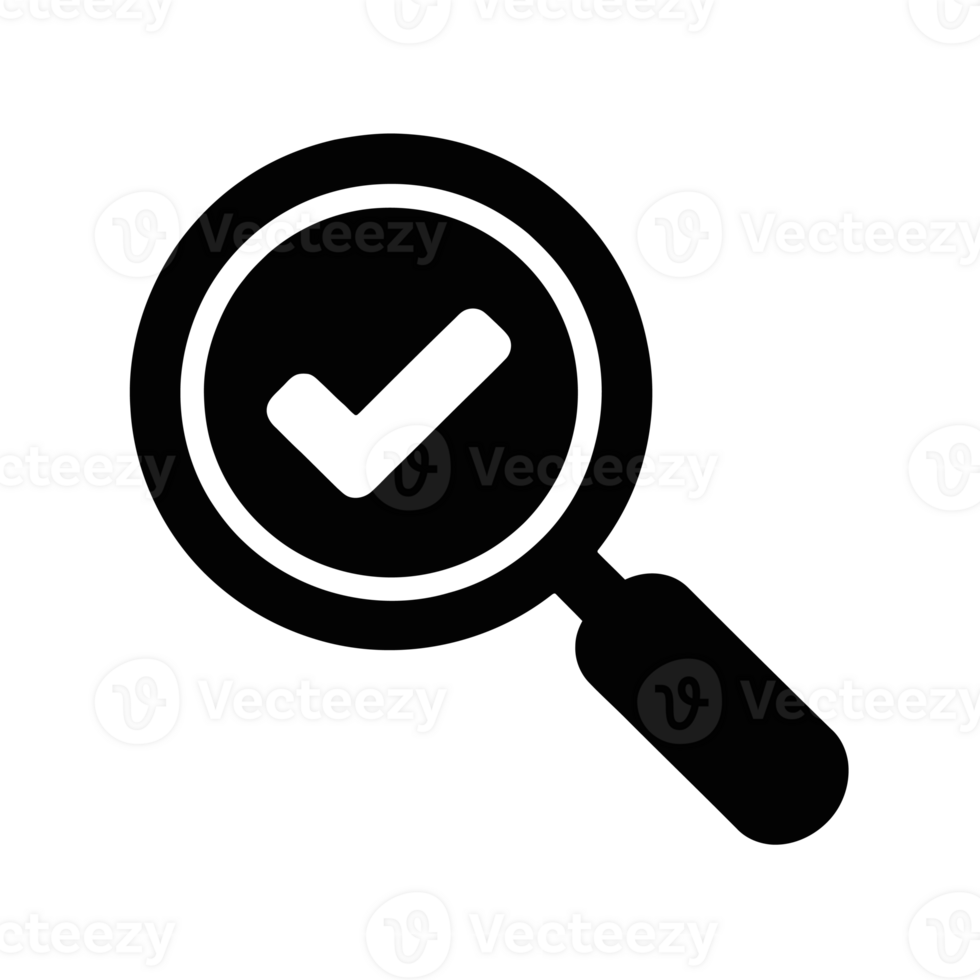 A simple black icon features a magnifying glass with a check mark inside cutouts png