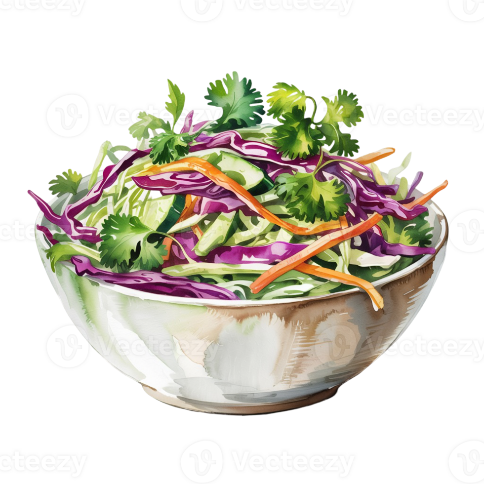 A vibrant bowl of fresh salad features colorful ingredients like purple cabbage, carrot strips, and green cilantro cutouts png