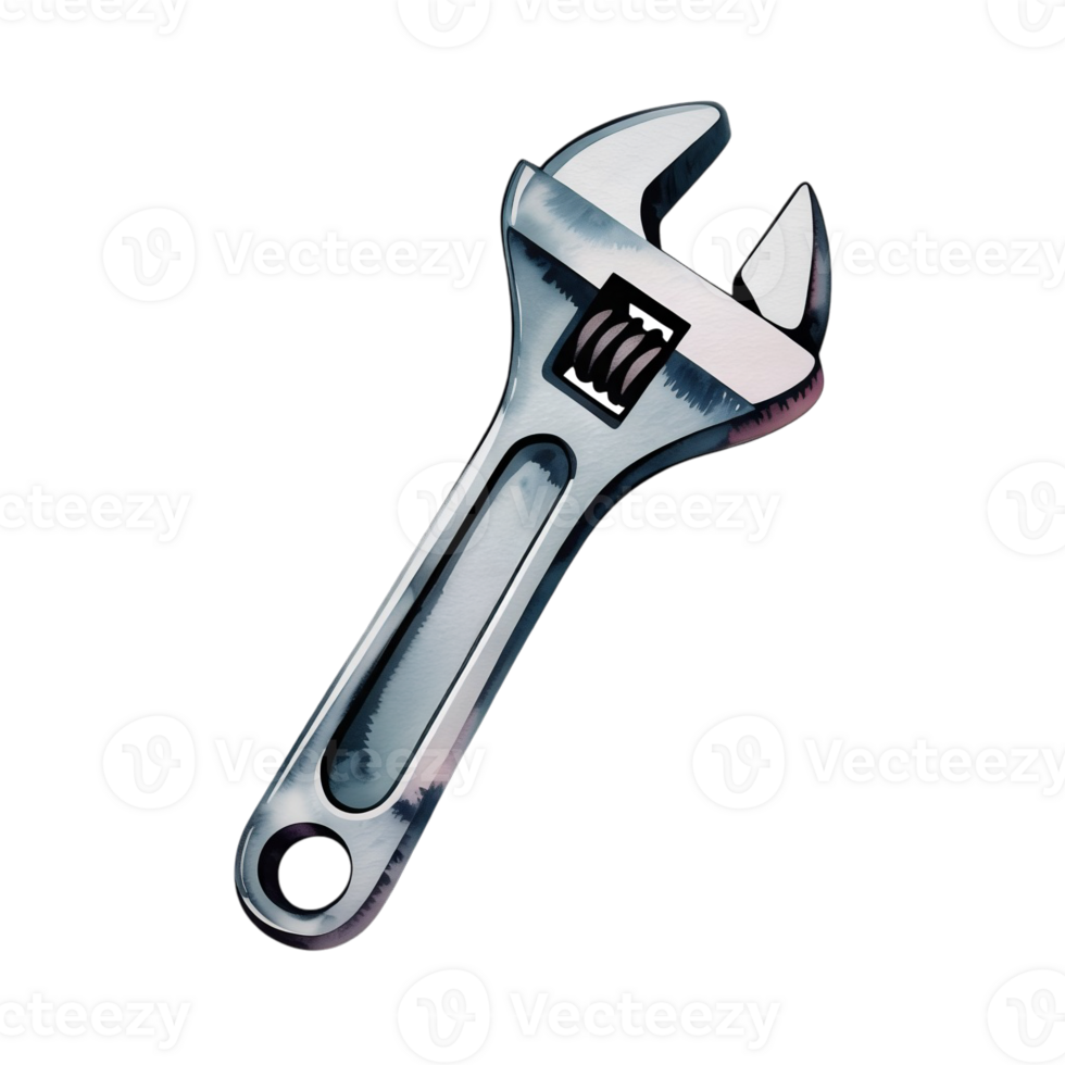A metallic adjustable wrench is depicted with a shiny surface and distinct shadows, giving it a sleek and functional appearance cutouts png