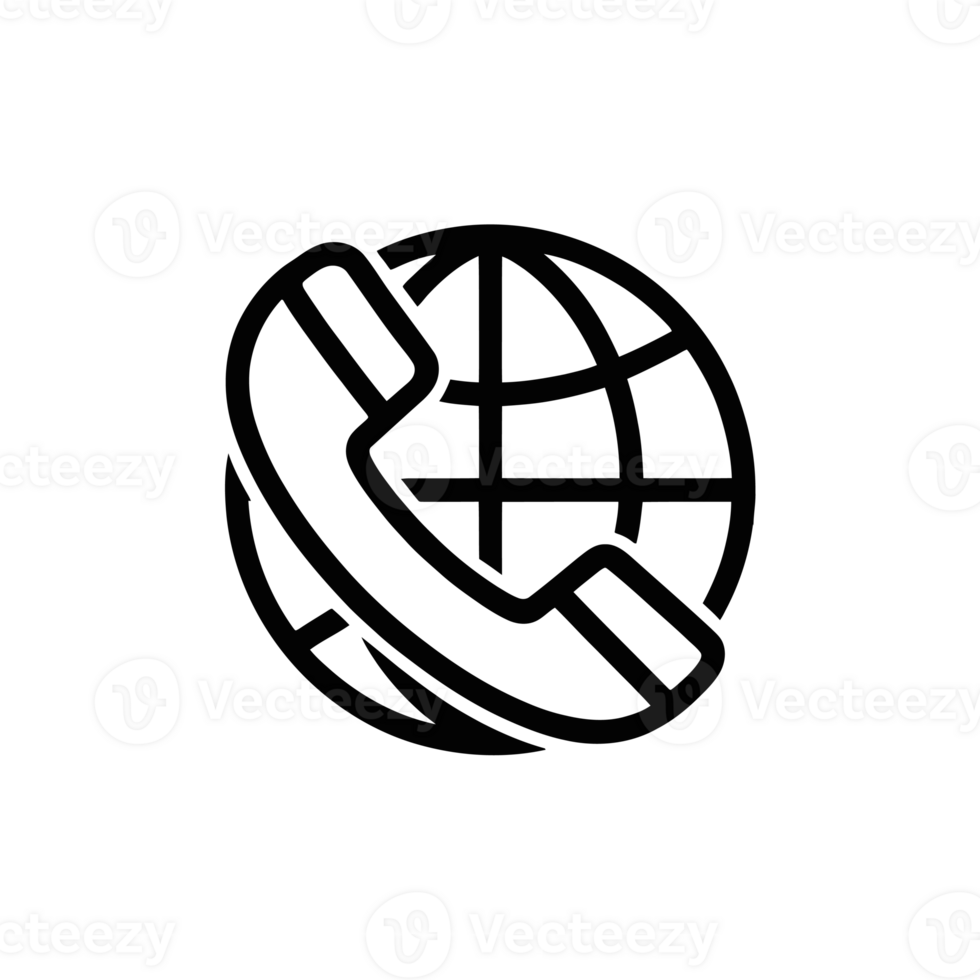 A black icon features a classic telephone handset overlaid on a globe, symbolizing global communication. cutouts png