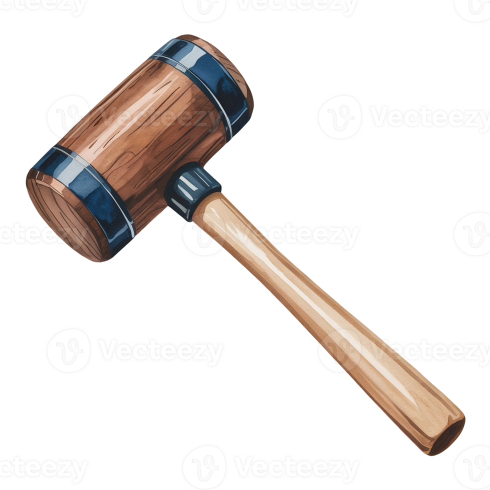 A wooden gavel is depicted with black bands accenting the ends and handle. Its sheen reflects a polished finish, highlighting the grain of the wood. cutouts png