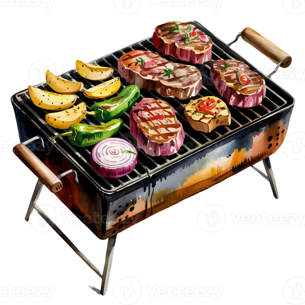 A compact grill is loaded with a variety of foods, including steaks, sliced potatoes, green peppers, onion rings, and seasoned eggplant. cutouts png