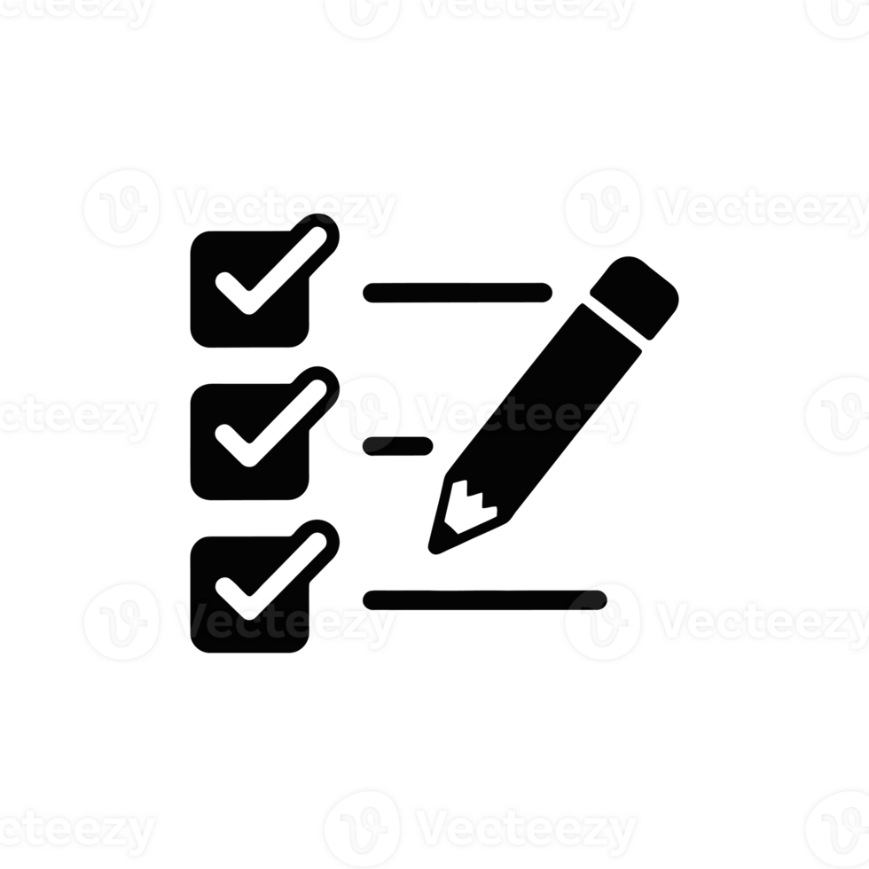 A set of three checkboxes, each marked with a tick, is accompanied by a pencil, suggesting a list or task completion. cutouts png