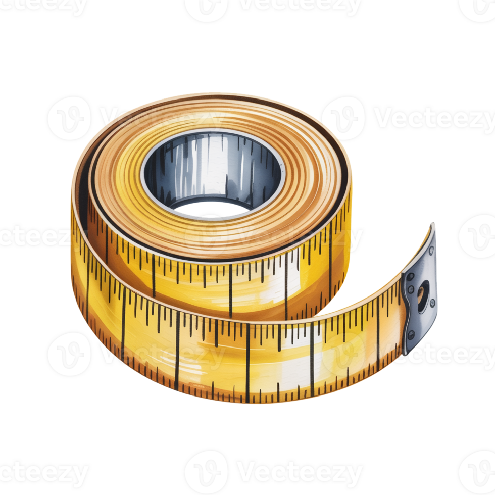 A coiled measuring tape with a yellow exterior and black markings is prominently displayed. cutouts png