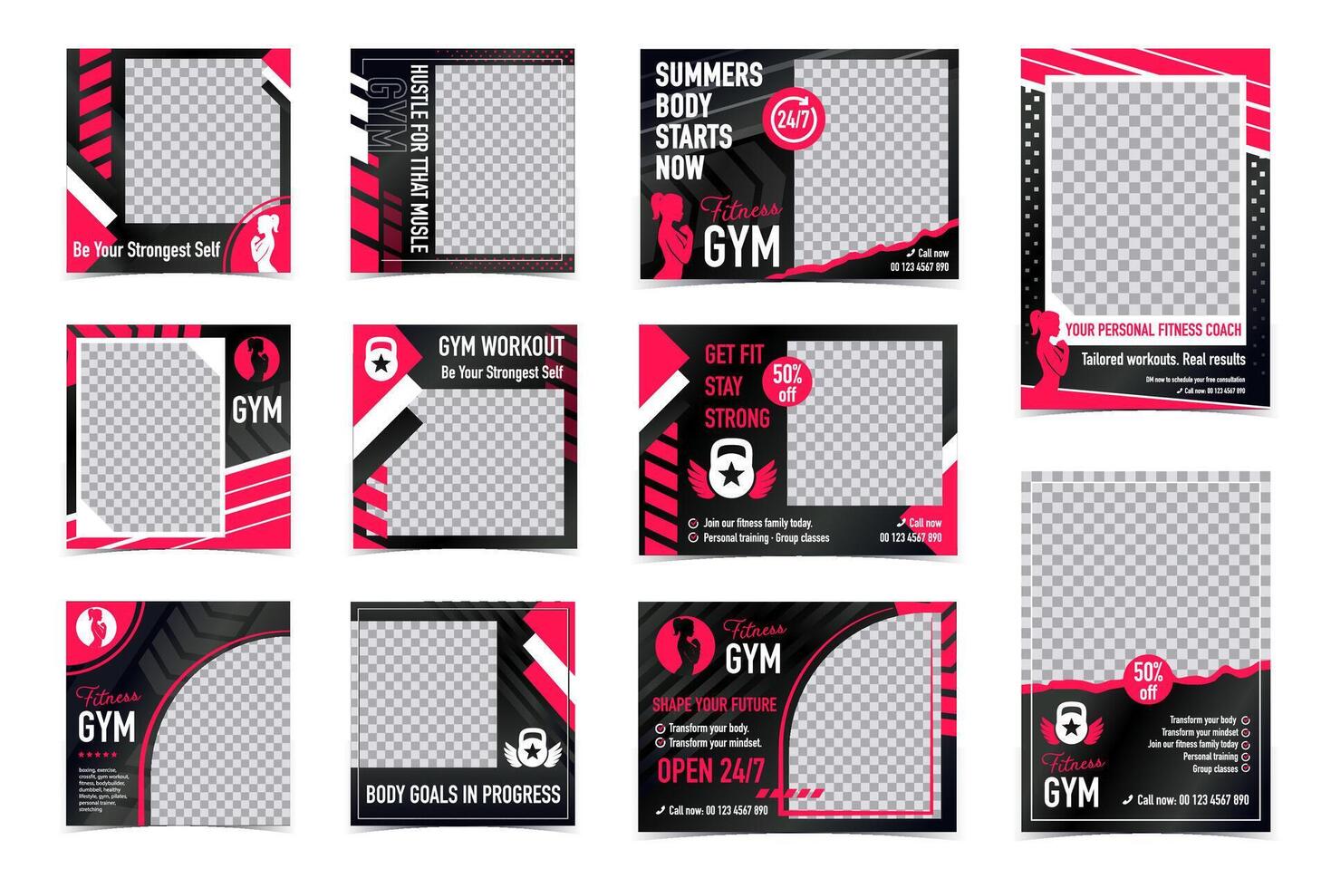 Fitness and Workout Social Media Templates Set. Personal Trainer and Female Gym Design vector