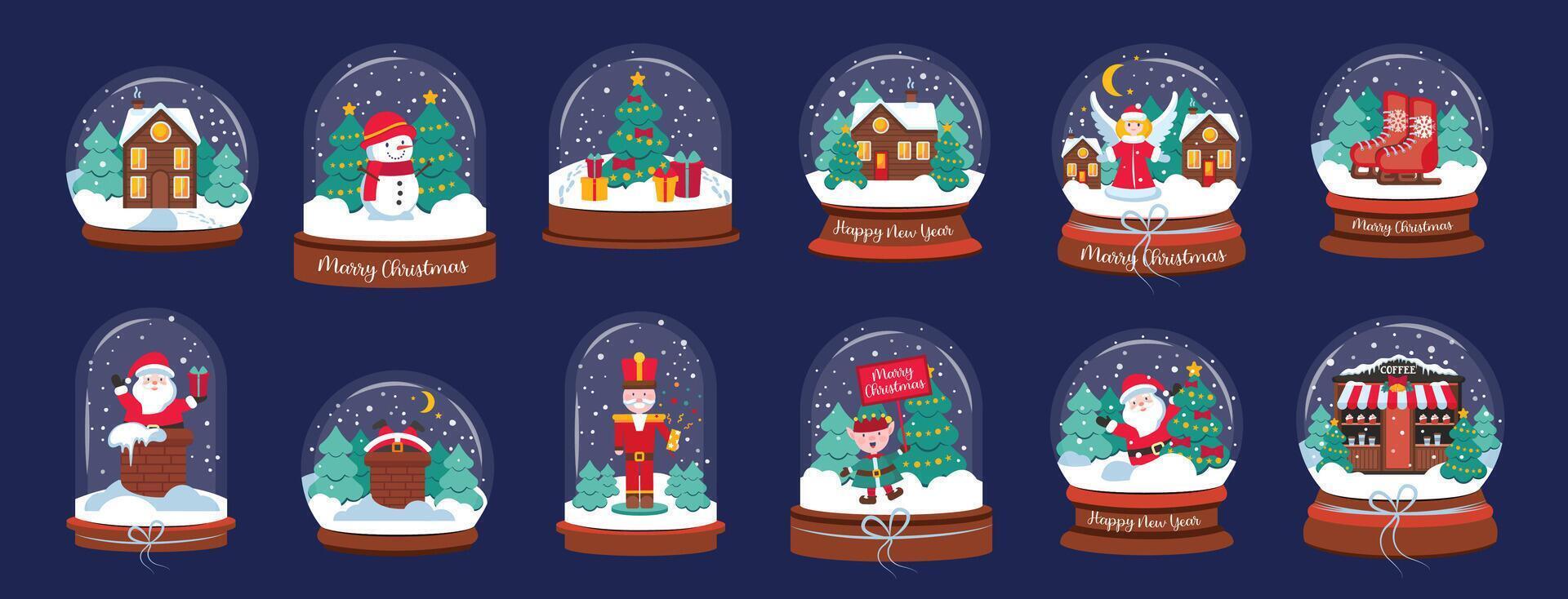 Set of Christmas Snow Globes with Santa Claus, and etc vector