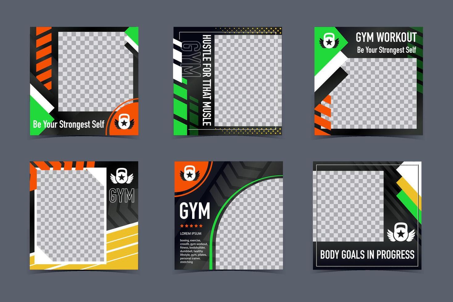 Gym Workout Card Templates. Square Sport Photo Frames vector