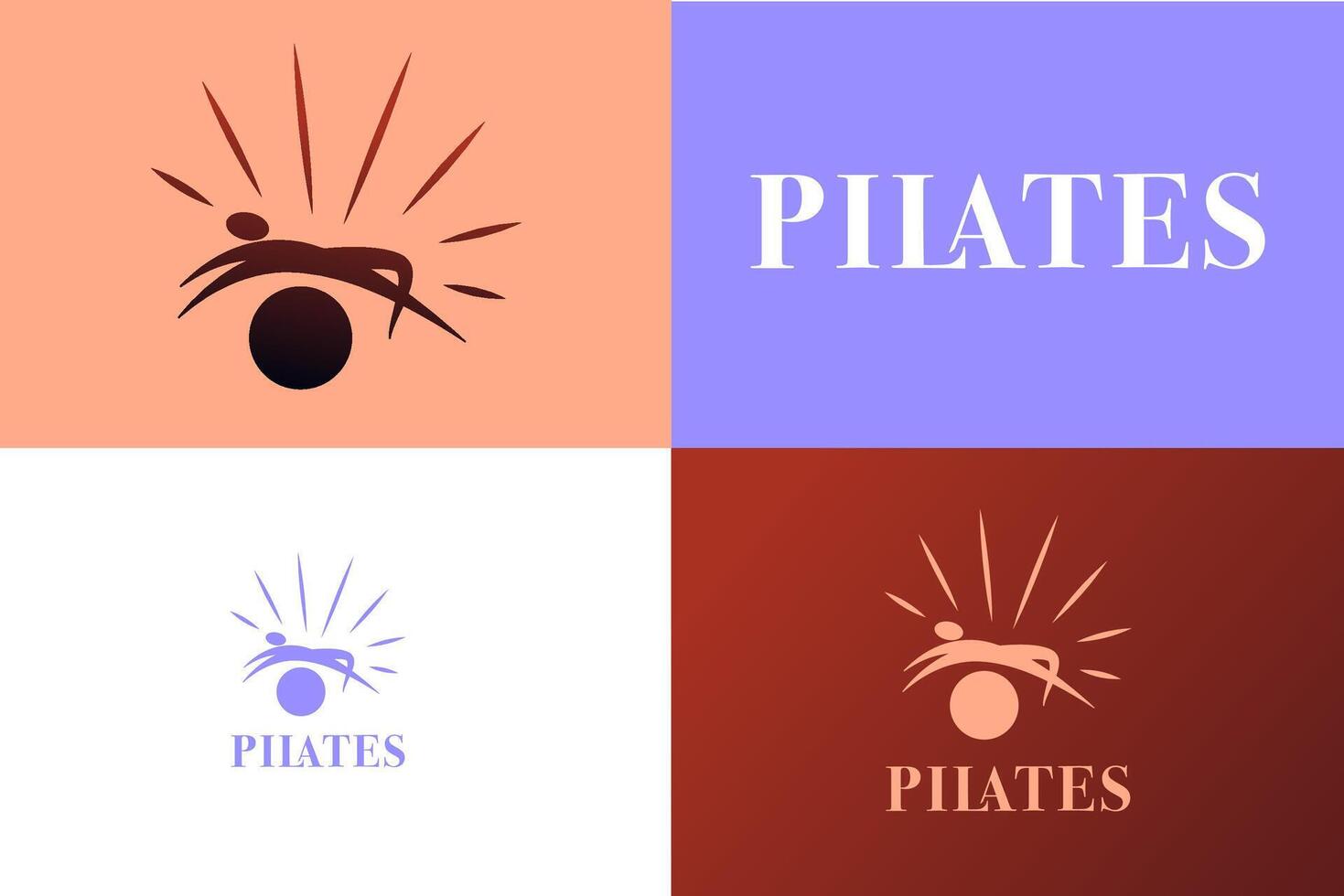 Pilates Logo Design. Woman on Exercise Ball with Sun Rays and Unique Text vector