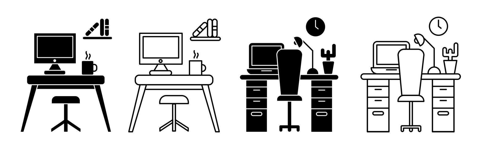 Office Desk and Workspace Icon Set. Collection of Workstation line art style, silhouette vector