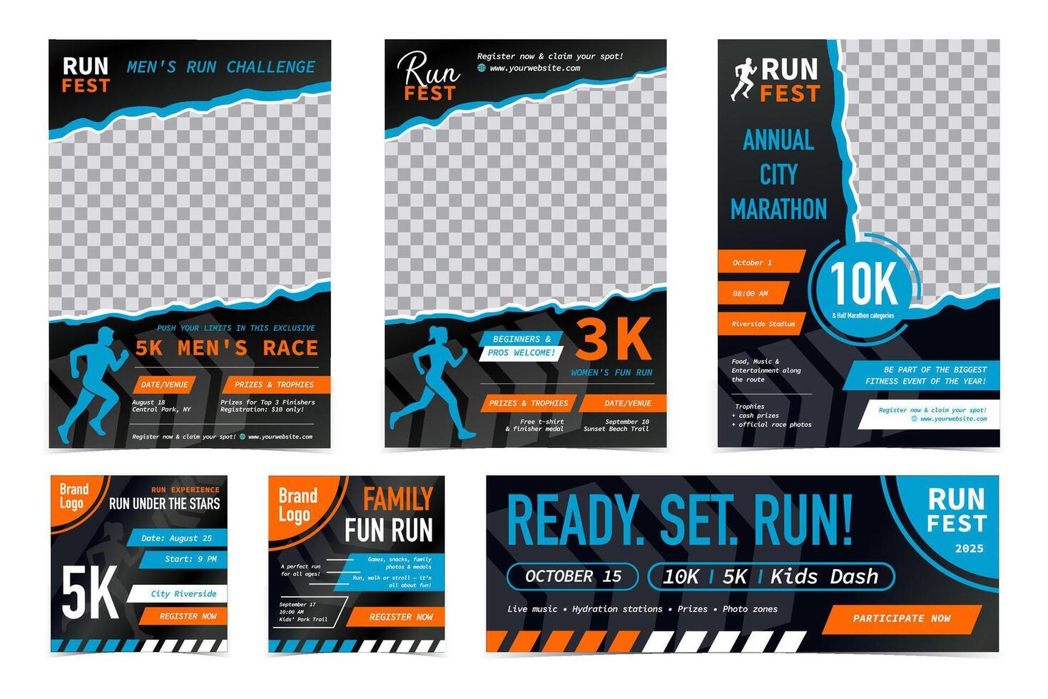 Set of Running Marathon Poster and Banner Templates. Men and Women Silhouette, Family Race Event Flyers with Text vector
