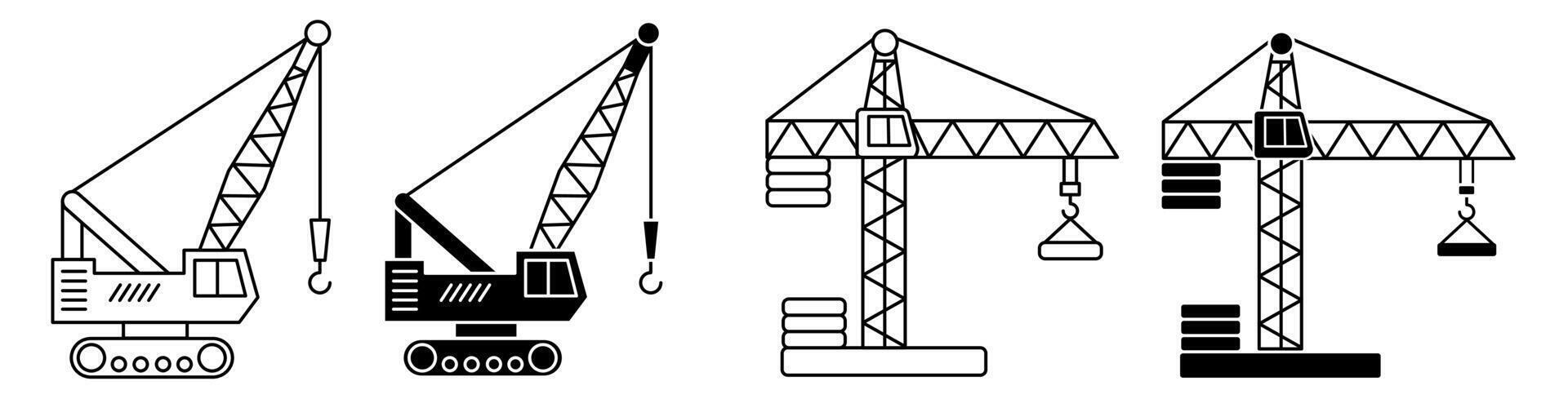 Construction Crane Icon Set. Simple Silhouette and Outline vector