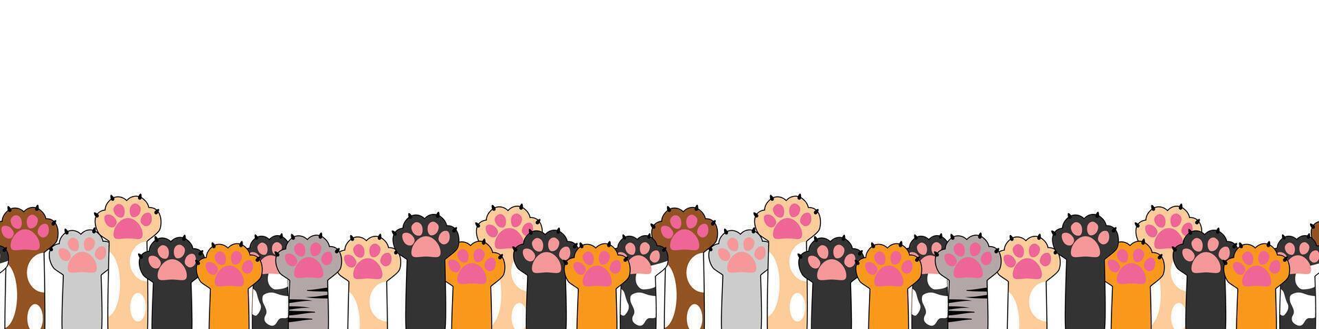 Row of raised cat paws in various colors, cute animal border for banners, cards, and decor designs. Seamless pattern vector