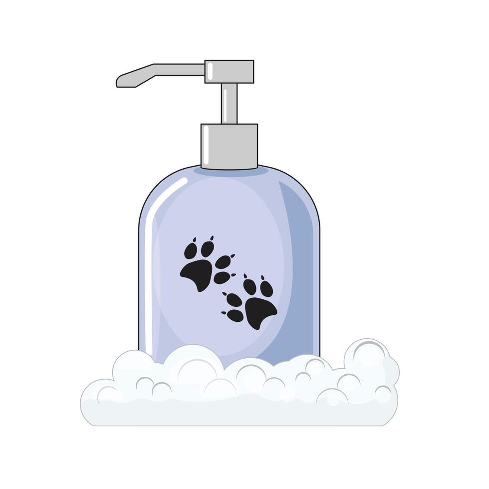 Illustration of cat shampoo, soapy bubbles, modern pet care product for hygiene and cleaning vector