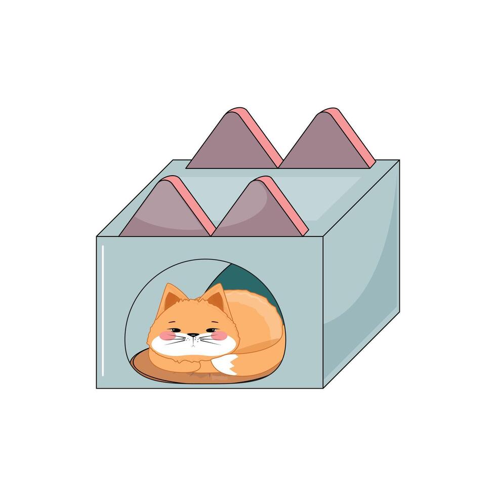 Illustration of orange cat resting in stylish indoor bed, comfortable animal furniture vector