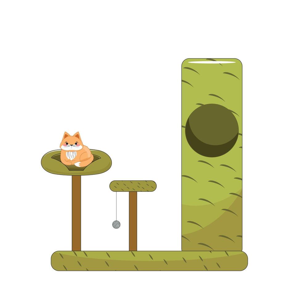 Illustration of orange cat relaxing on play structure, animal activity center for home decor. vector