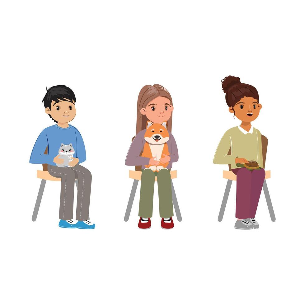 Ilustration of diverse kids and pets, friendship, animal care, modern cartoon style, isolated vector
