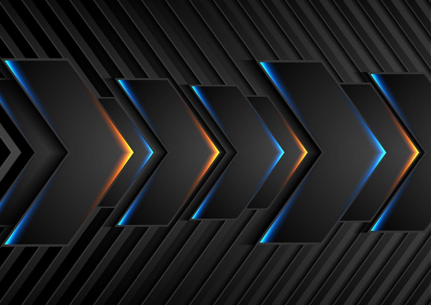 Black tech abstract arrows with blue orange glowing lights vector