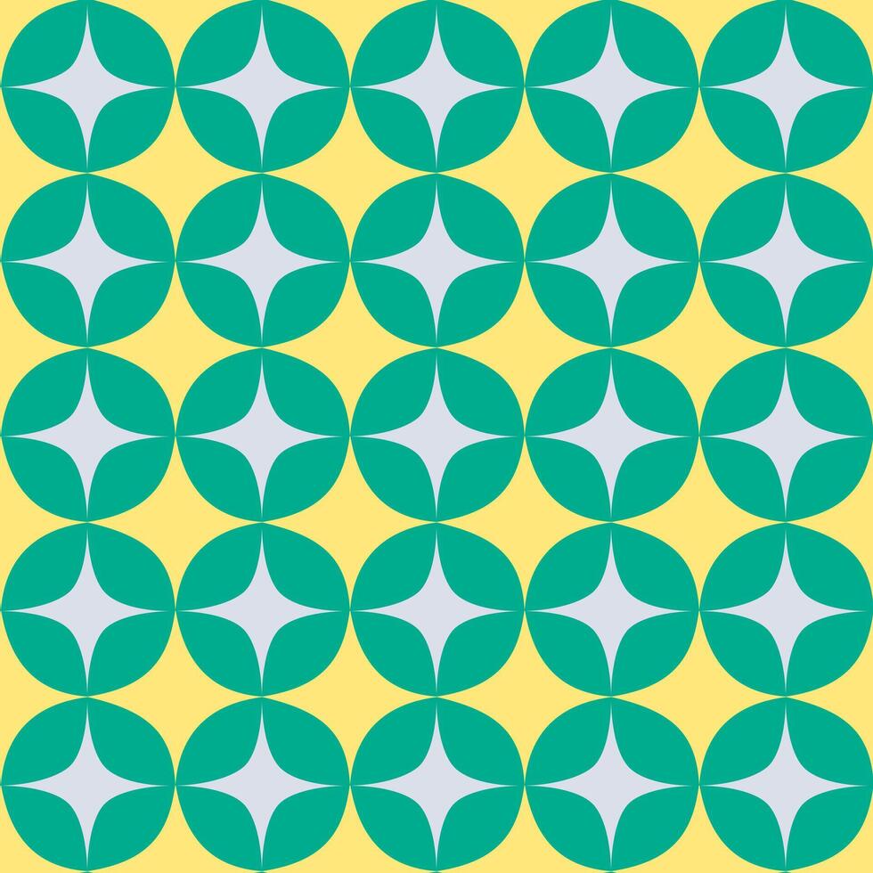 A repeating pattern of green circles with a four-pointed star shape against a yellow background. It is a seamless pattern used for textiles, wallpapers, or other design applications. vector