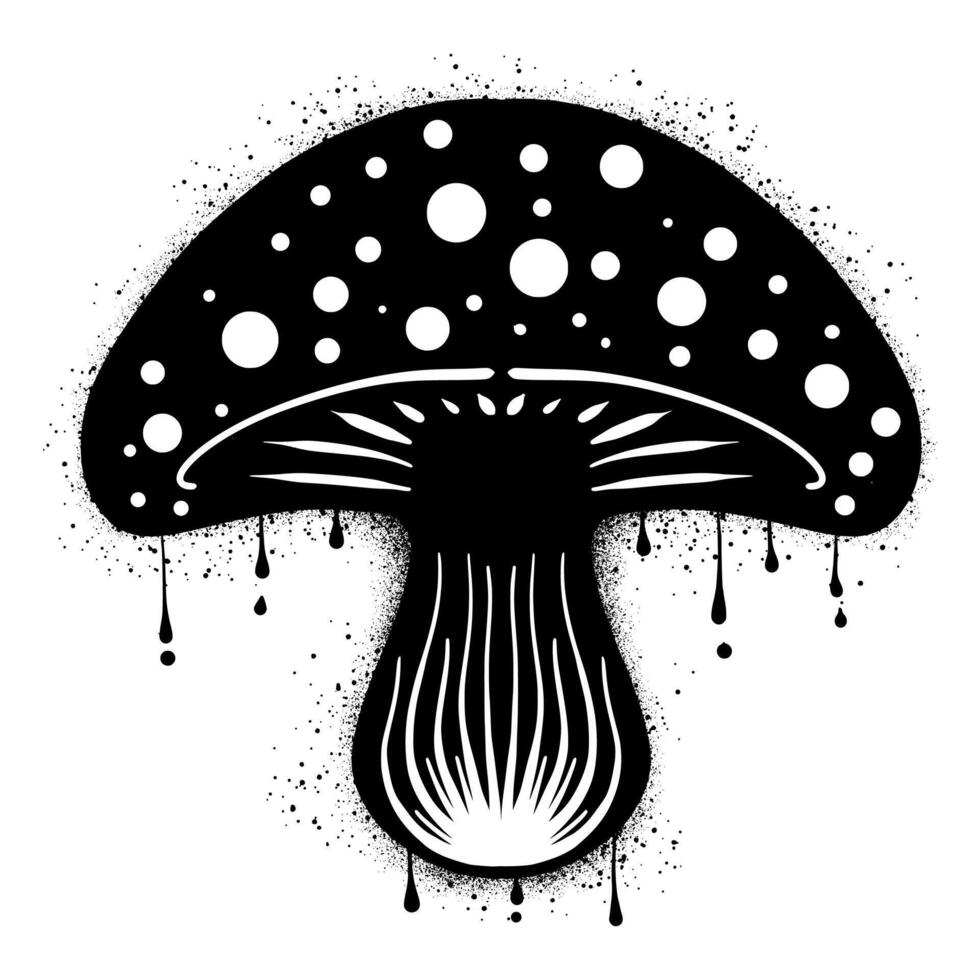 Hand drawn mushroom silhouette with black spray paint graffiti vector