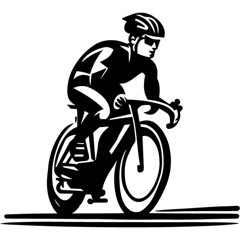 Sketchy sport emblem of cyclist rides a racing bike at high speed in monochrome. Engraving minimalistic image in black ink drawing on white background vector