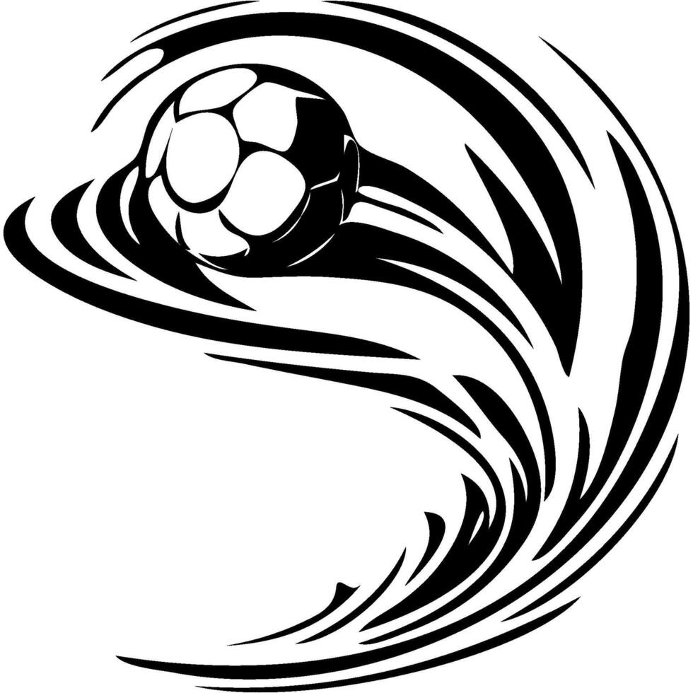 Sport emblem of ball flying in an arc with abstract swirl of air behind in monochrome. Engraving minimalistic image in black ink drawing on white background vector