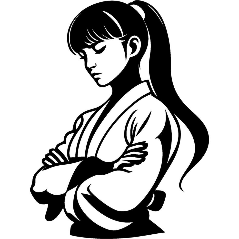 Tattoo emblem of karate girl confidently crossed her arms on her chest in monochrome. Engraving minimalistic image in black ink drawing on white background vector