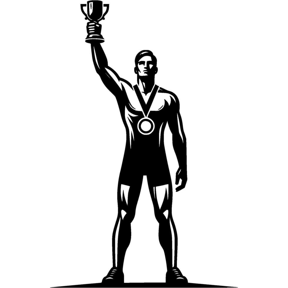 Sport emblem of muscular male freestyle wrestler with medal on neck holding winner cup in hand in monochrome. Engraving minimalistic image in black ink drawing on white background vector