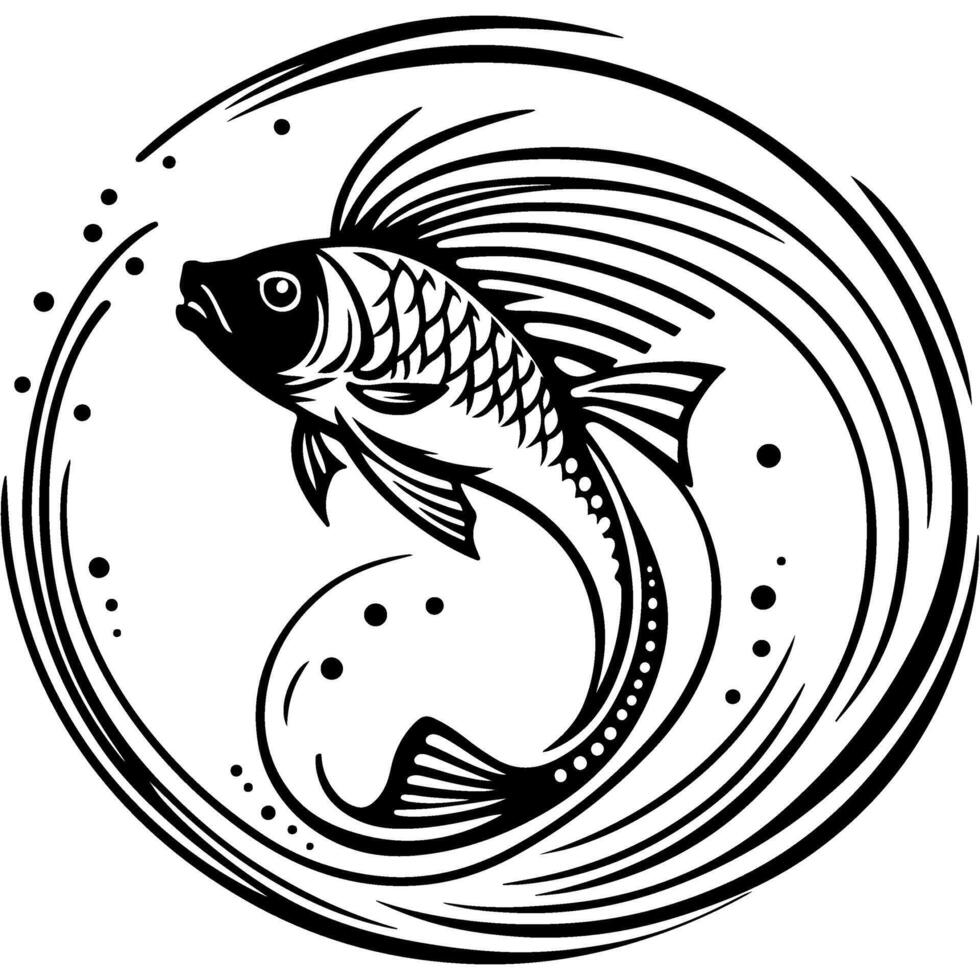 Sketchy emblem of Magic fish that fulfills wishes in monochrome. Engraving minimalistic image in black ink drawing on white background vector