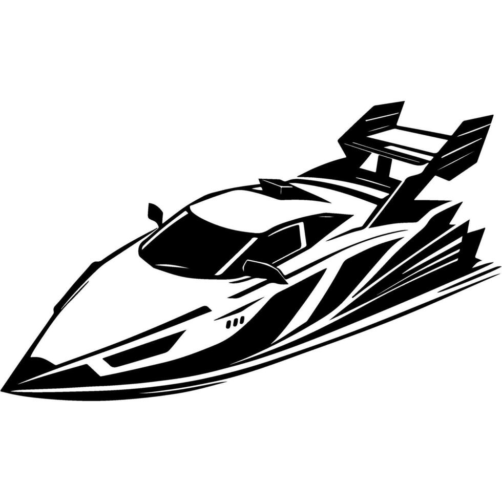 Sketchy sport emblem of powerful motorboat for participation in tournament in monochrome. Engraving minimalistic image in black ink drawing on white background vector