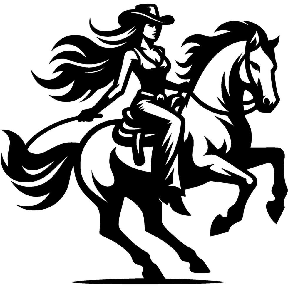 Tattoo emblem of female cowboy riding wild mustang stallion in monochrome. Engraving minimalistic image in black ink drawing on white background vector