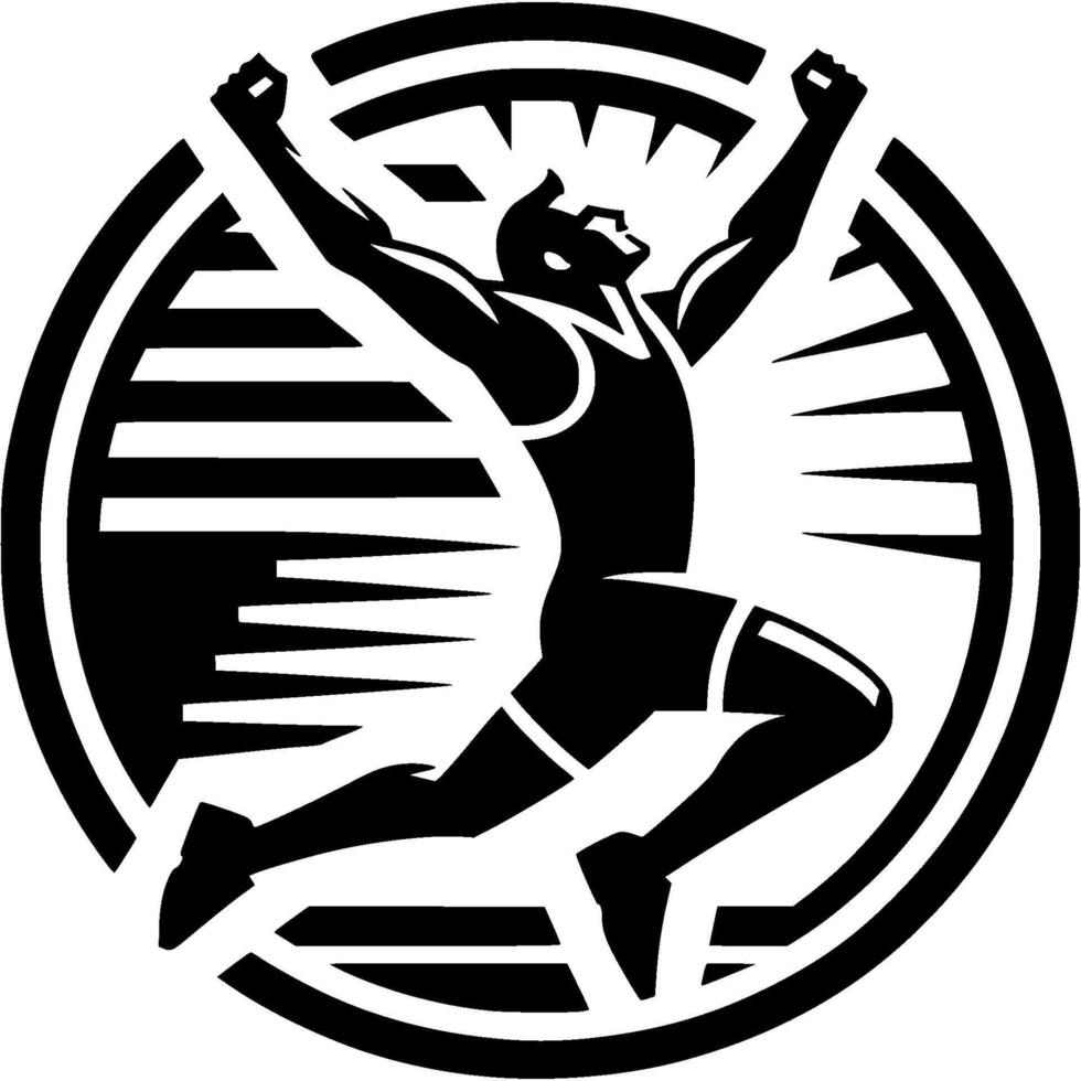 Sport emblem of runner finishes race to standing ovation from fans in monochrome. Engraving minimalistic image in black ink drawing on white background vector