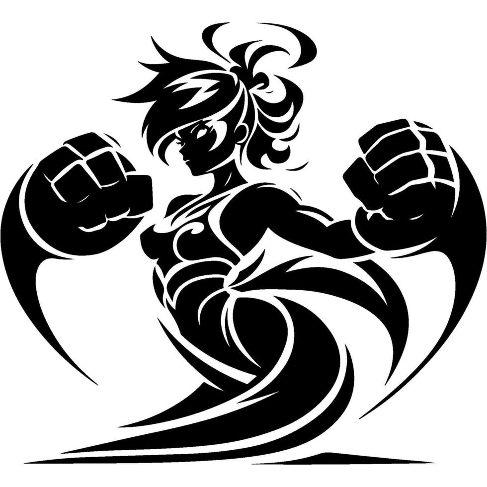 Tattoo emblem of fabulous fire fury delivers a circular crushing super strike in monochrome. Engraving minimalistic image in black ink drawing on white background vector