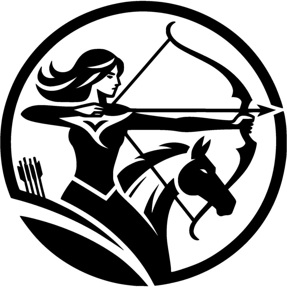 Tattoo emblem of girl archer riding horse rushes and aims an arrow at target in monochrome. Engraving minimalistic image in black ink drawing on white background vector