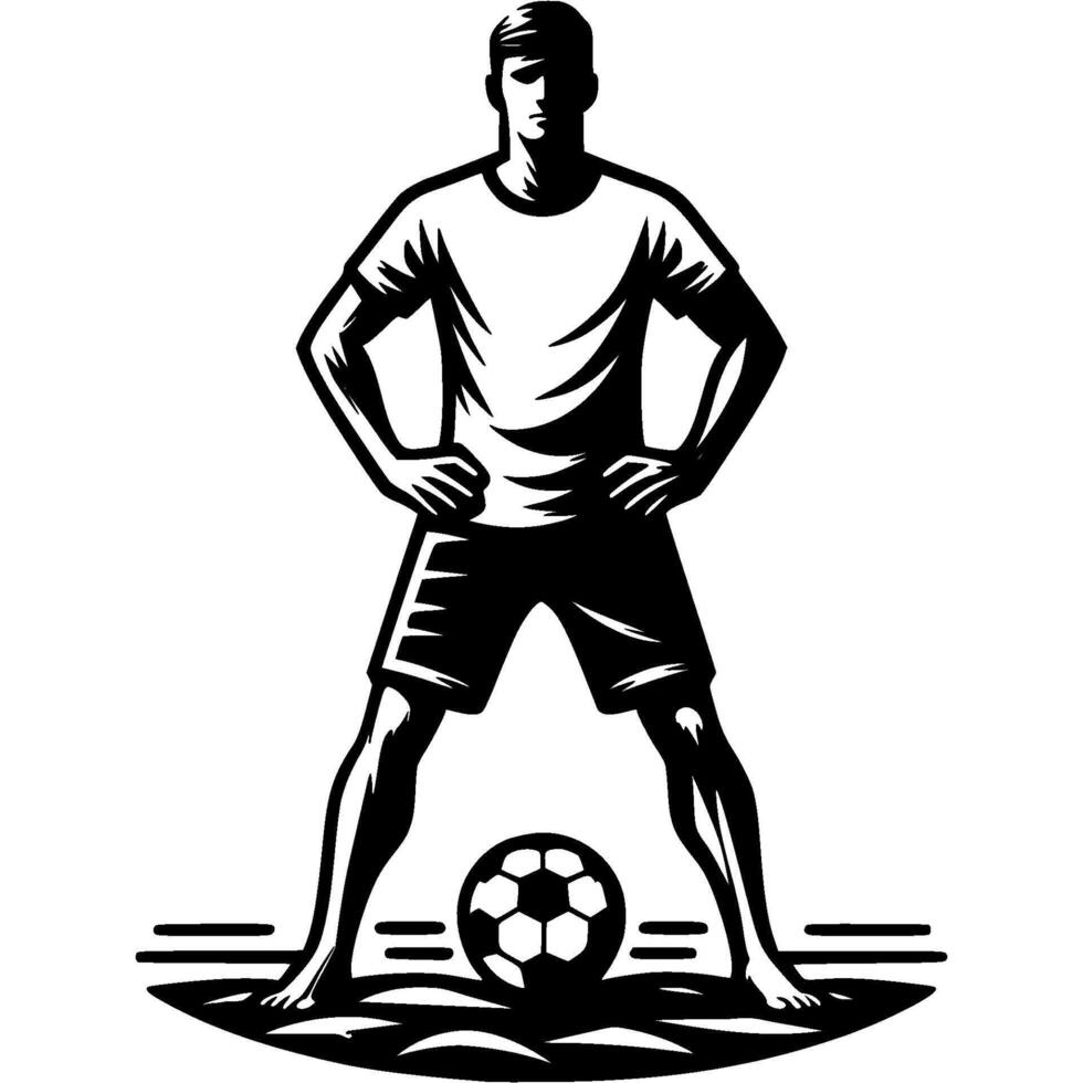 Tattoo emblem of confident beach soccer player awaits start of match and the referee command in monochrome. Engraving minimalistic image in black ink drawing on white background vector