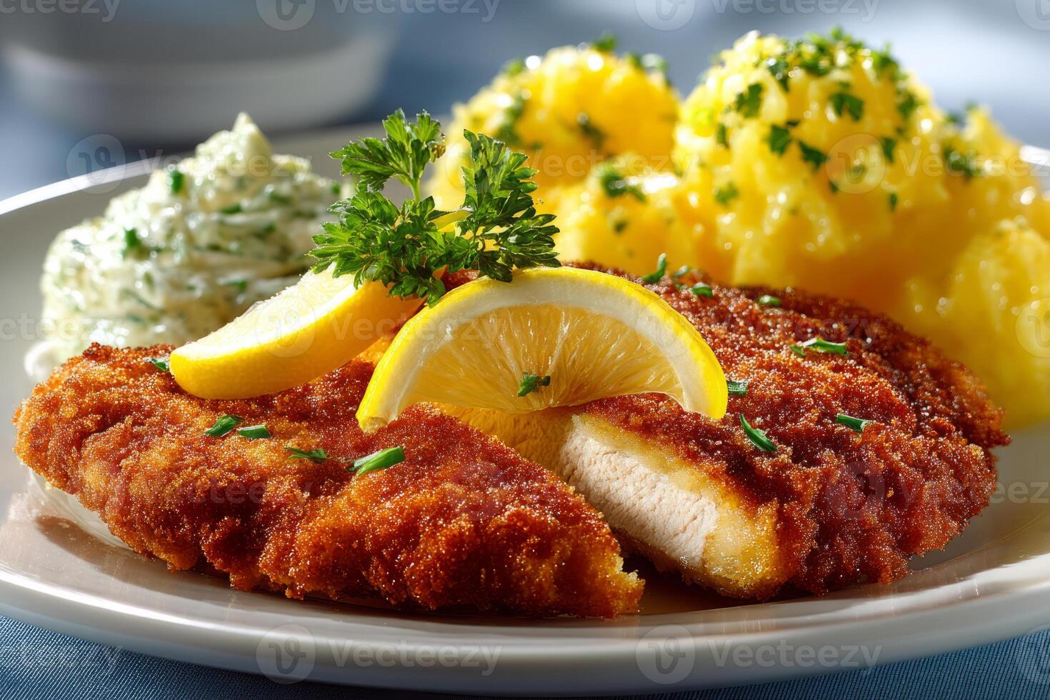 Schnitzel with lemon slice and mashed potatoes photo