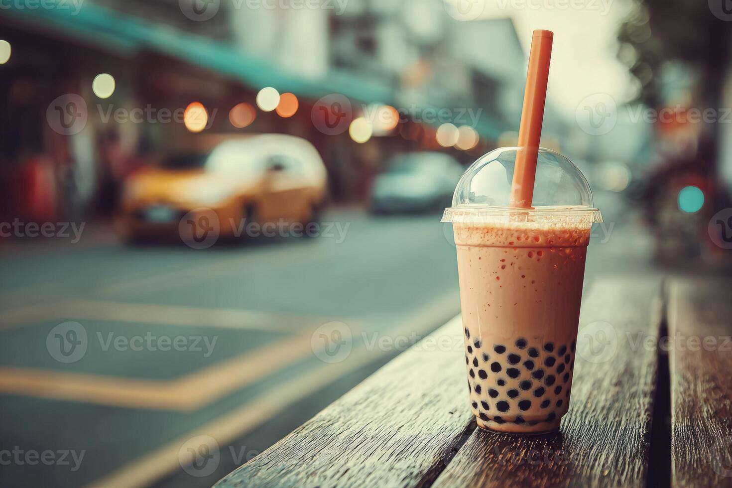 Bubble tea with tapioca pearls in plastic cup outdoors photo