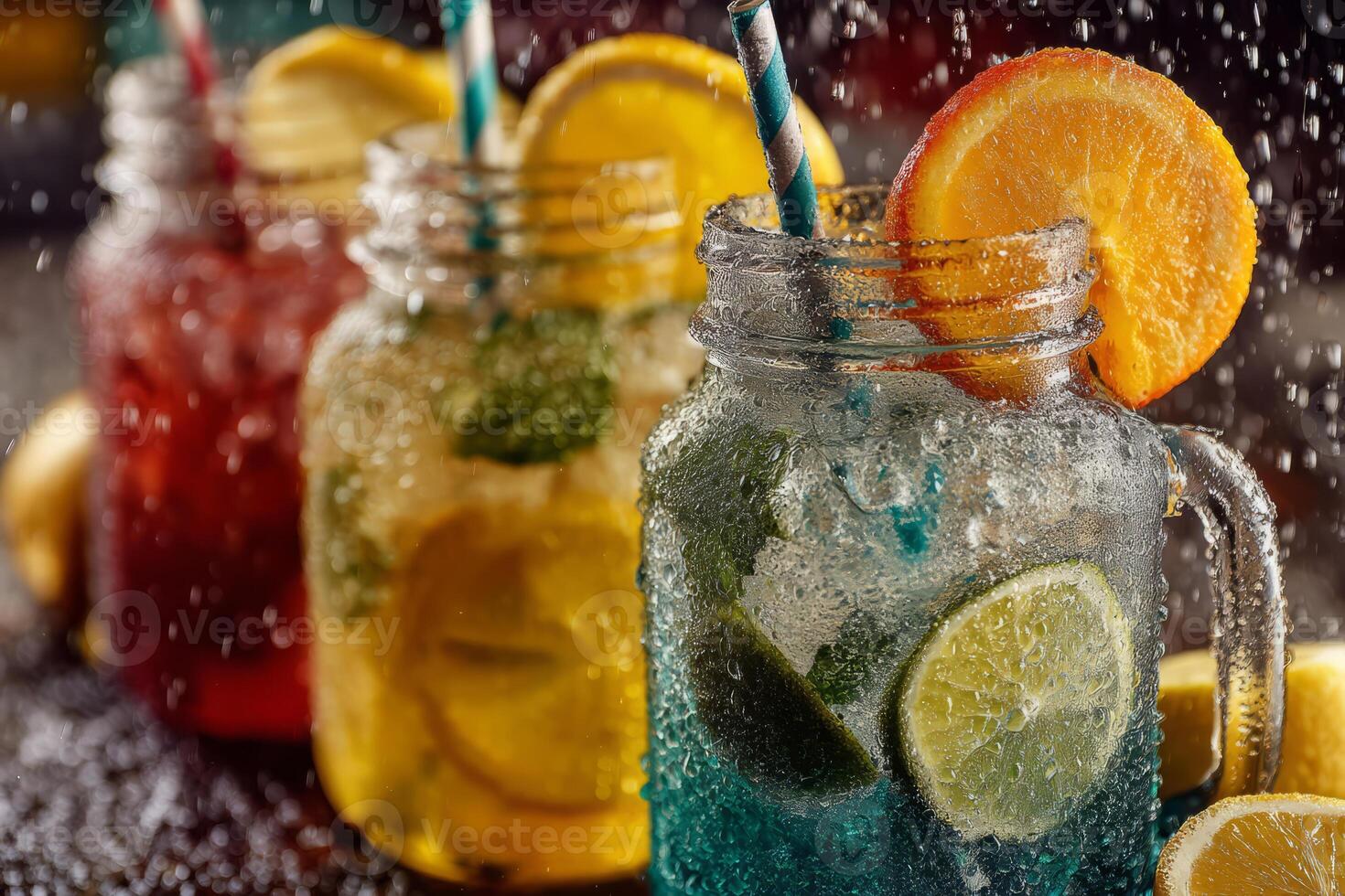 Refreshing sparkling beverages with lime and orange slices photo