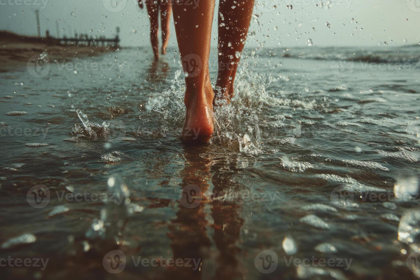 Bare legs walking through shallow sea water with splashes photo