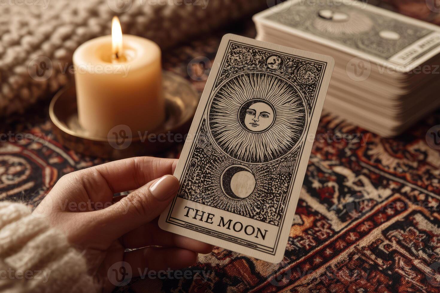Hand holding tarot card The Moon with candlelight in background photo