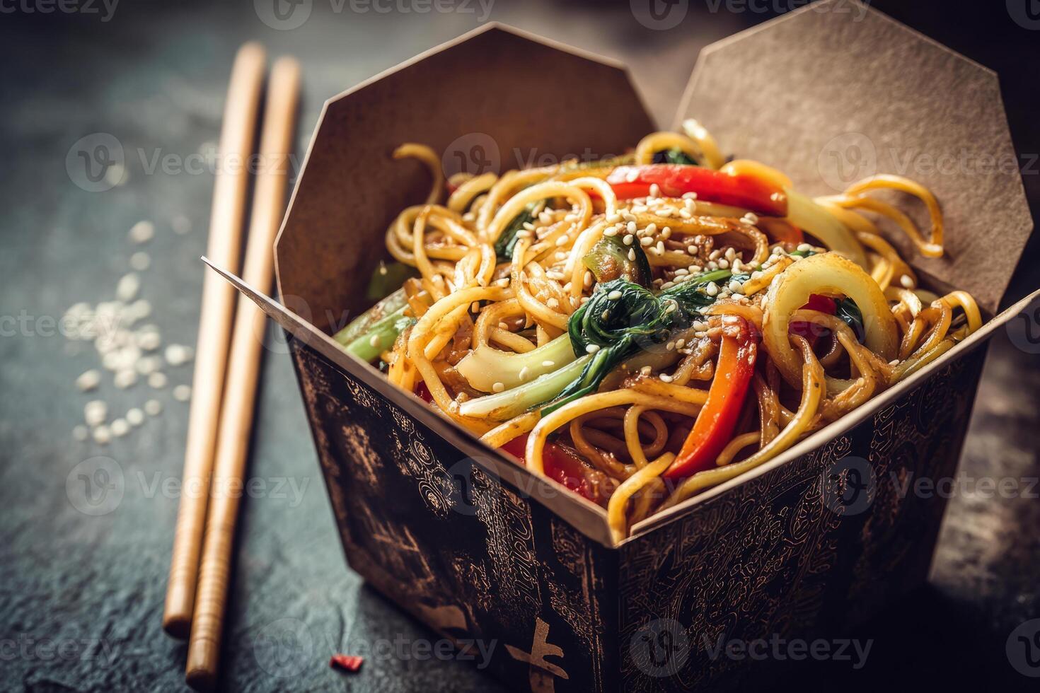 Stir fried noodles with vegetables and herbs in paper box photo