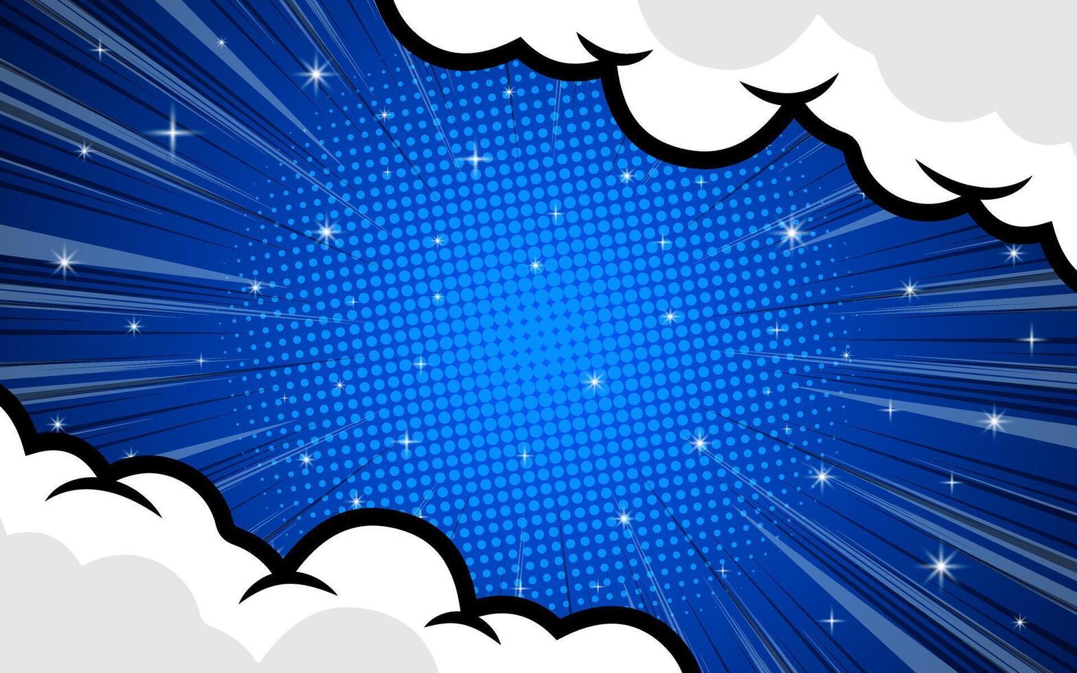 Pop art comic background with clouds and stars. Cartoon vector